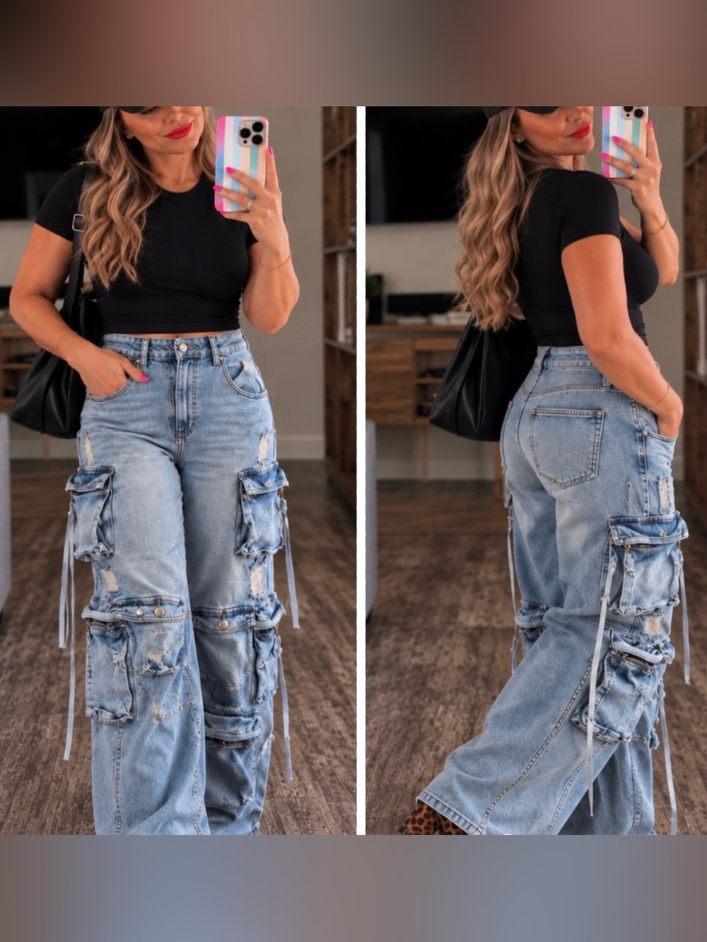 90s Y2K Baggy Distressed Cargo Jeans – Light Wash – New